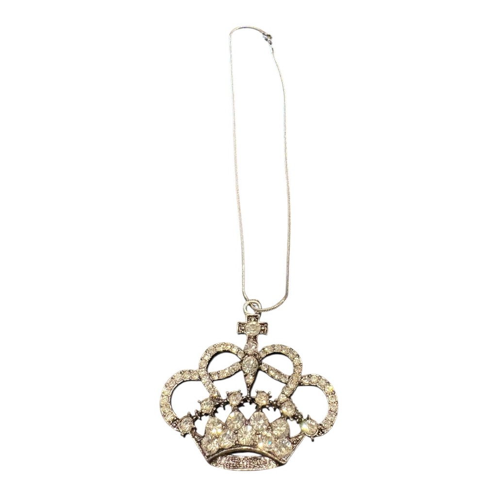 Vintage Rhinestone Crown Necklace Regal Silver-Tone Statement Pendant Jb7